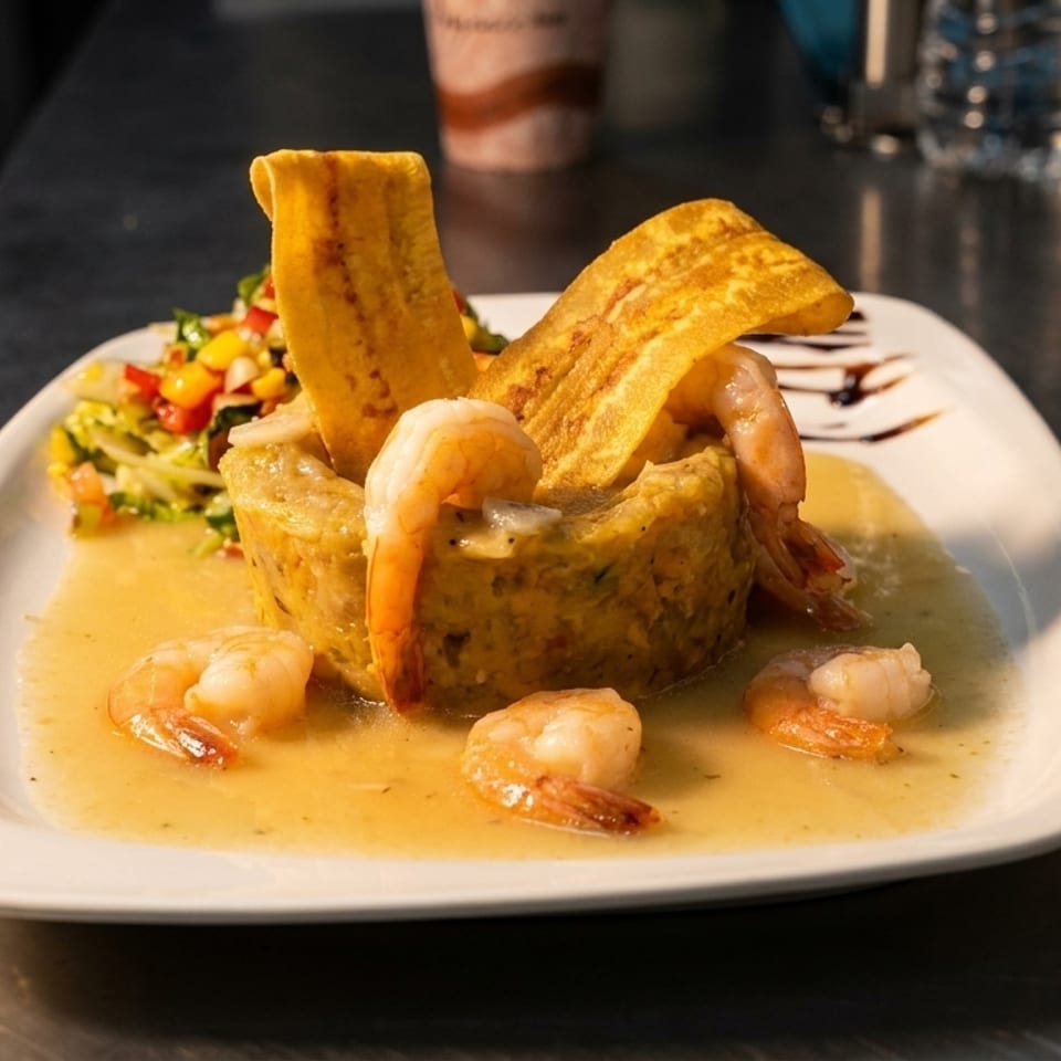 Mofongo with shrimp and plantain chips, served with a side salad and sauce on a white plate.