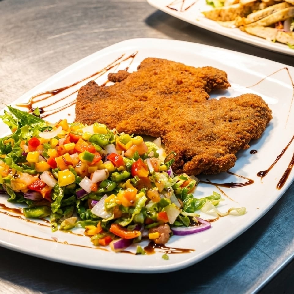 Crispy fried schnitzel with a colorful fresh salad and balsamic glaze on a white plate.