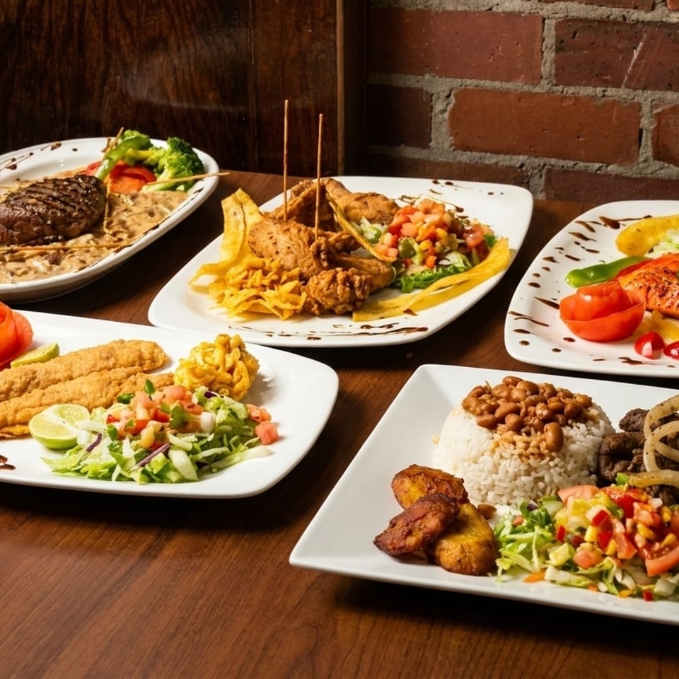 Five diverse Latin American dishes, including steak, fried fish, salmon, and rice with beans, on a wooden table.