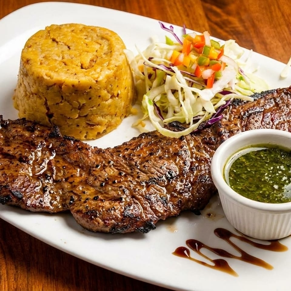 Grilled steak, mofongo, and a side salad with green sauce on a white plate.